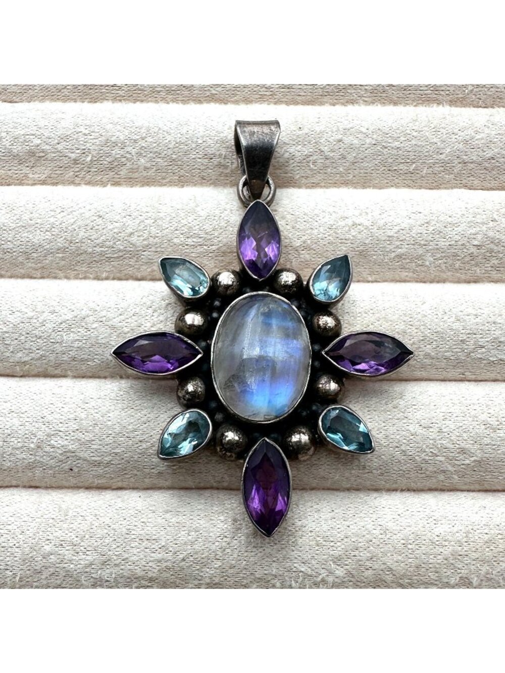 Moonstone Amethyst Blue Topaz Sterling Silver Pendant 2.5 Inch